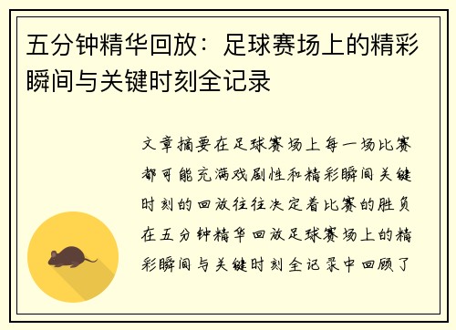 五分钟精华回放：足球赛场上的精彩瞬间与关键时刻全记录